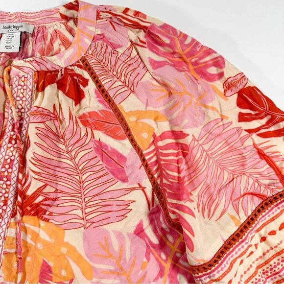 Haute Hippie Size S Tropical Floral Bohemian Peasant Style Blouse With Tassels - Picture 8 of 14